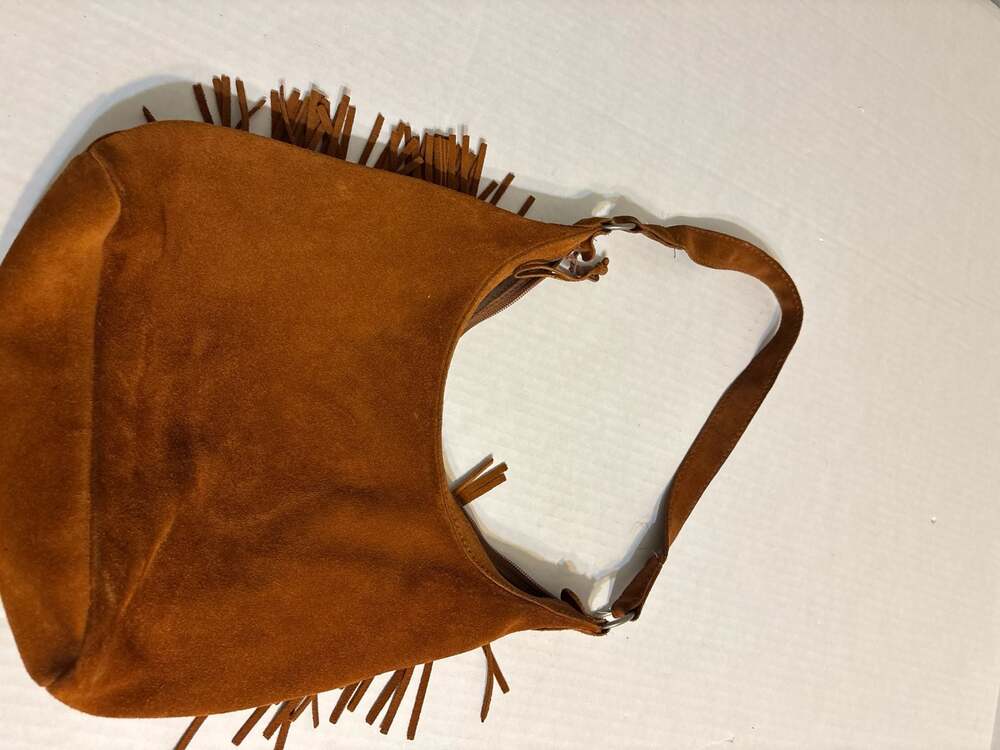 Minnetonka Brown Suede Fringe Boho Shoulder Bag with Woven Panel - Picture 3 of 4